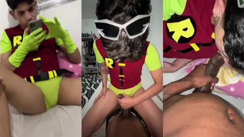 Mon coloc bourré me suce avec son costume de Robin