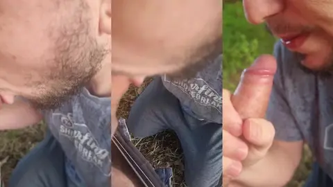 Un minet français affamé de bite suce une grosse queue en plein air dans l'herbe