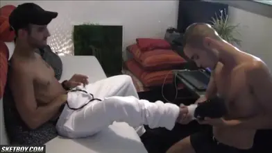 Twink and foot fetish interracial in sneakers - intense footjob session