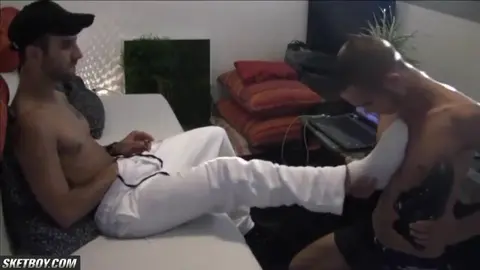Twink and foot fetish interracial in sneakers - intense footjob session