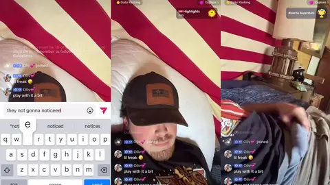 Un mec en casquette anime un live TikTok dans son repaire décoré du drapeau américain